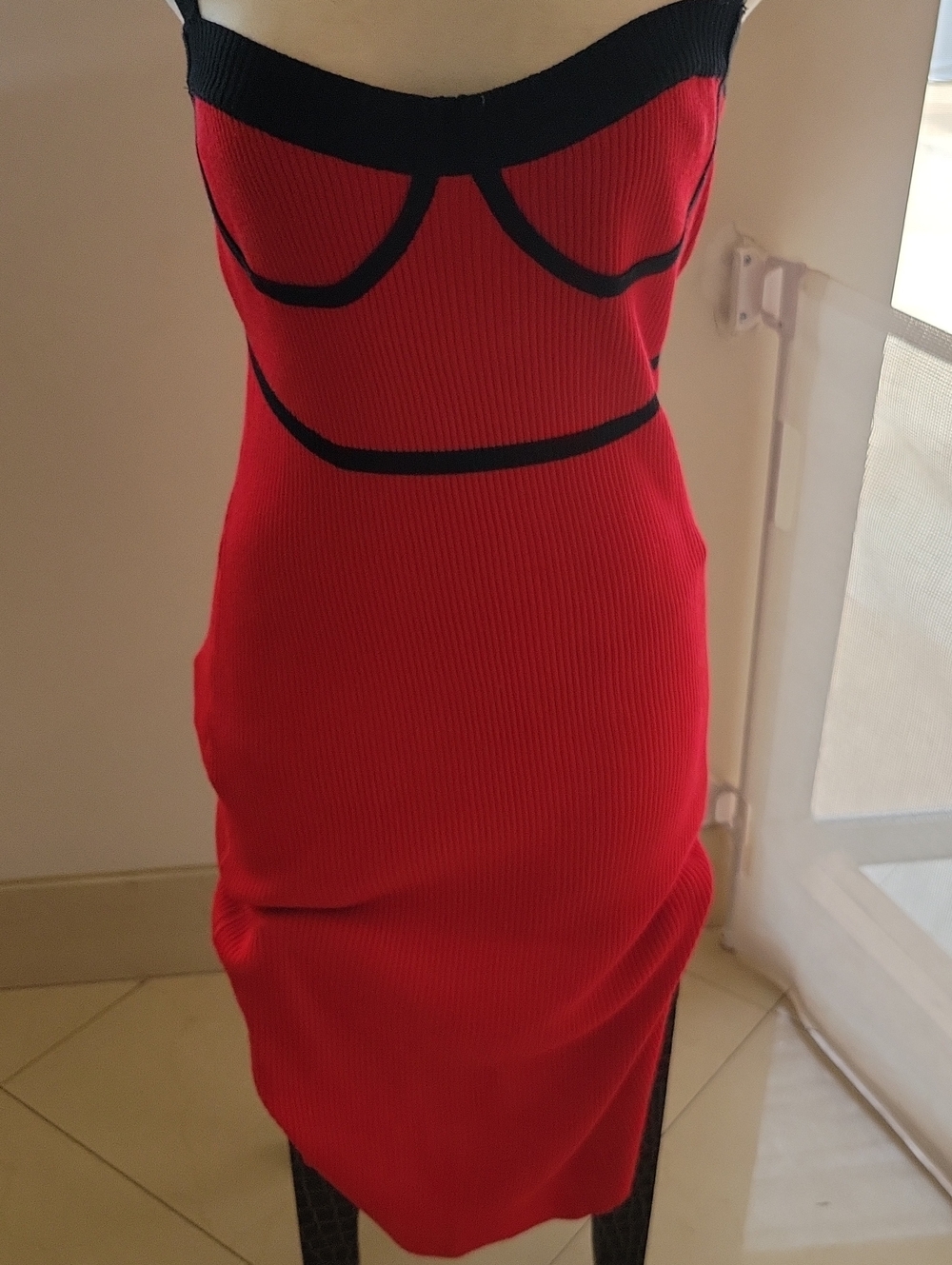 Almost Famous Red Ribbed Slip Dress with Black Trim